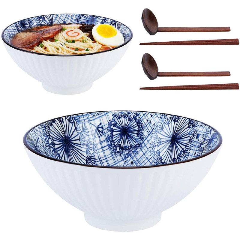 Ramen Bowl Set Of 2, 1500ml Japanese Ceramic Noodle Soup Bowl With Spoons, Chopsticks And Forks, For Pho, Udon, Pasta, Curry, Cereal, Fruit And Salad